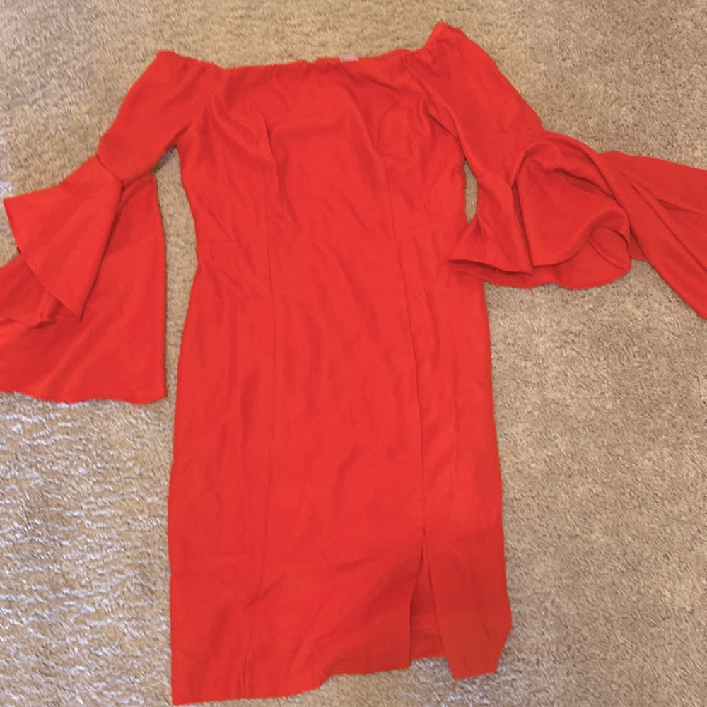 Orange off the shoulder straight dress with leg slit and zipper back